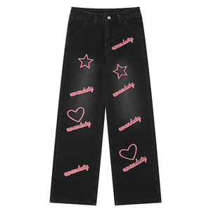 กางเกงยีนส์ขาตรงของผู้ชายปักลายดวงอาทิตย์สีดำซีดจางพร้อมซิป - Product Image 1