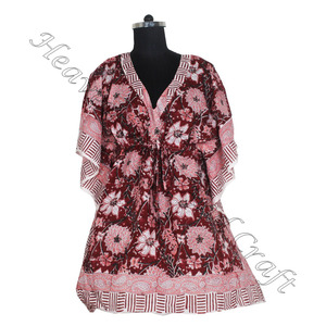 100% coton femmes vêtements de nuit main bloc imprimé caftan robe KFCS069 poids léger femmes décontracté Occasion porter courte Caftan robe - Product Image 1