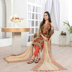 Trajes de diseñador de 3 piezas para mujer, estilo paquistaní, mesa dorada a la moda, estampado Tawakkal, volumen CIANA, vestido hecho de algodón para césped - Product Image 3