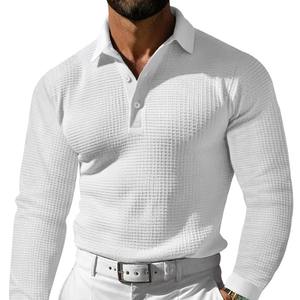 2025 hombres de negocios Casual para camisa Polo 100% algodón Waffle tela Color sólido manga larga solapa botón Diario diseño Simple para - Product Image 1