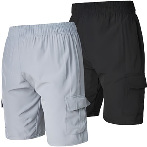 Shorts pour hommes, taille élastique, séchage rapide, couleur unie, style bermuda, décontractés, en polyester tissé - Product Image 1