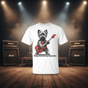 T-Shirt Vintage con Cane Yorkie che Suona la Chitarra, Stile Retrò, Prodotto Promozionale - Product Image 3