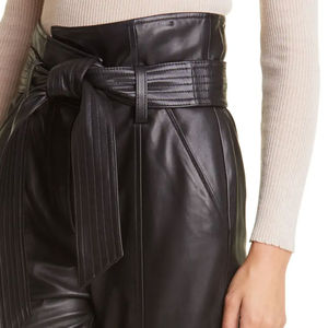 Pantalon pour femme en cuir véritable avec taille élastique, coupe droite, devant plat, tissu en toile, saison hivernale - Product Image 6