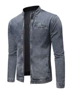 Veste en jean pour homme, coupe ajustée, col montant, manches longues, design décontracté et léger, avec logo personnalisé - Product Image 3