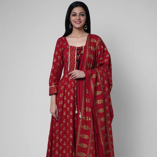 Women Red Ethnic Motifs Kurta with Churidar & With Dupatta A-line shape Regular style Round neck long regular sleeves