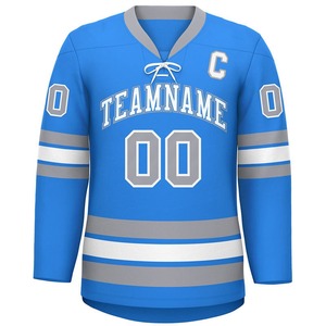 Jersey personalizado de hockey sobre hielo degradado azul con rayas amarillas manga larga cuello de encaje tela transpirable ropa de equipo personalizada - Product Image 4