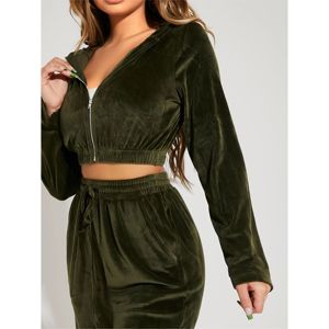 Ensembles de survêtements sportifs pour femmes en velours uni brillant, comprenant un sweat à capuche court et un pantalon ample à jambe droite, personnalisables avec votre logo - Product Image 4