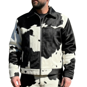 Veste et pantalon en cuir de vachette et toile, col montant, logo frontal, finition unie, service OEM, décontracté, coupe-vent, écologique, pleine fleur - Product Image 1