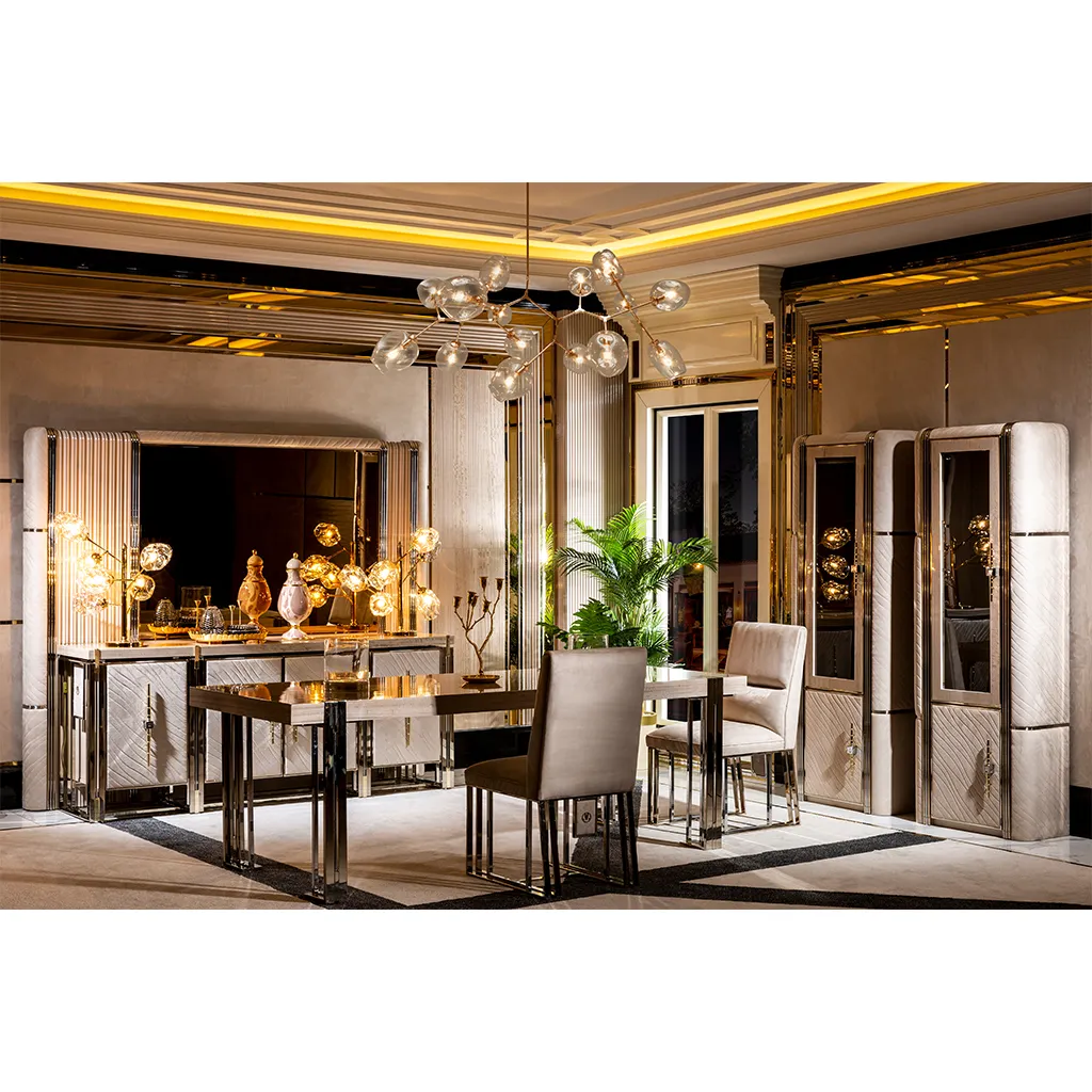 Итальянский стиль, европейская роскошная Турецкая мебель для гостиной, Обеденный набор, глянцевая золотая металлическая ножка, стол, стулья, консоль, шкаф из Китая