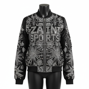 Blouson d'aviateur pour femmes de qualité supérieure 320 GSM tissu satiné noir cristal orné de blousons d'aviateur avec logo personnalisé et design en strass pour femmes - Product Image 1