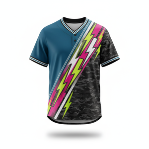 Camiseta de Béisbol Unisex con Estampado por Transferencia de Calor, 100% Poliéster, Cuello en V, Secado Rápido, Diseño 3D de Rayo, Rosa/Amarillo - Product Image 4