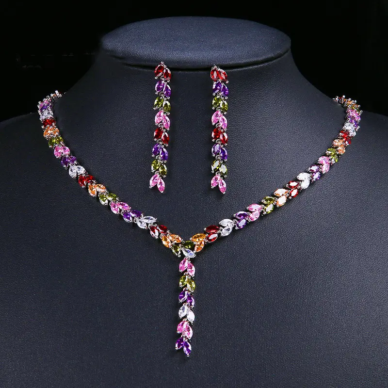 wholesale wedding jewelry trendy colorful cubic zircon bridal earrings and necklace set
