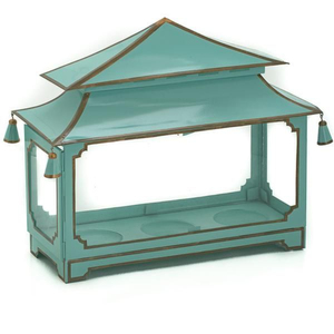 Classic Hydrangea Leaf Pagoda Lantern With Blue Trim Hand Painted Metal Decorative Candle Holder With <b>Bells</b> Home Decor Accent - Product Image 3