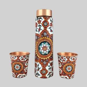 Sticker Design Designer Copper <b>Bottle</b> with Meena Artwork Print Meenakari Print Copper <b>Water</b> <b>Bottle</b> <b>1</b> <b>Litre</b> with <b>Glass</b> - Product Image 1