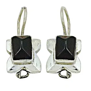 Geometric <b>Onyx</b> Drop <b>Earrings</b> in Tibetan Silver with Bezel Setting for Women's Vintage Fashion Jewelry - Product Image 1