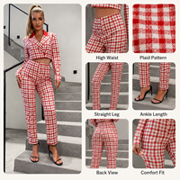 Pantalon droit taille haute à carreaux rouges pour femme, décontracté, motif à carreaux, long, OEM ODM, vente en gros