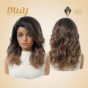 Juniper-DWY Filter Mid-Length Wavy <b>Brown</b> Glueless Synthetic <b>Wig</b> with Transparent Lace Front and Curved Part Dyed Black - Product Image 4