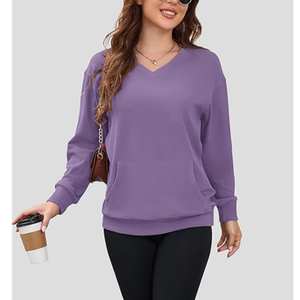 Hot Sales Casual Fall <b>Womens</b> Long Sleeve Terry <b>Sweatshirt</b> <b>V</b>-<b>Neck</b> Hoodless Pullover Tops Solid Pattern Discharge Printing Pockets - Product Image 1