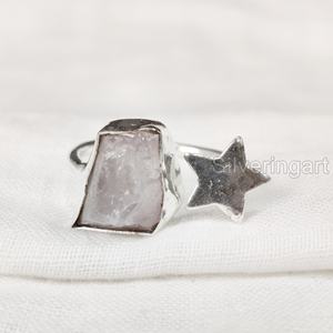Joyería de piedra áspera, anillo para mujer, piedra preciosa de cuarzo rosa crudo Natural, piedra natal de abril, estrella, anillo ajustable, anillo de Plata de Ley 925 - Product Image 1