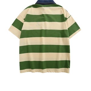 เสื้อโปโลลายทางสำหรับผู้ชายเสื้อโปโลผ้าฝ้ายสีเขียวสีขาวชุดคู่ลำลองทรงหลวมเสื้อโปโลคอตัดกันแนววินเทจ - Product Image 4