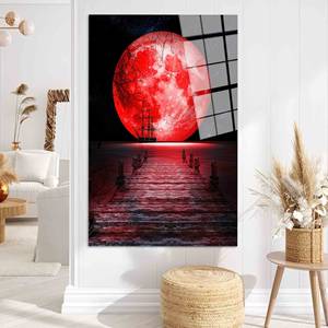 Impresión en lienzo de paisaje marino de luna roja: arte de pared con escena nocturna, arte en vidrio templado - Product Image 1