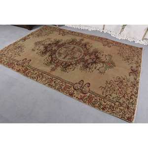 Alfombra de lana clásica turca vintage Diseño de retazos beige y marrón 5,9 pies X 8,8 pies con respaldo de látex - Product Image 2