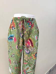 Tropical Bloom Cotton Pants Green <b>Garden</b> Boho <b>Trousers</b> Wildflower Print Lounge Pants - Product Image 3