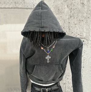 2025 Washed Heavyweight 100% Cotton <b>Crystal</b> Decoration <b>Necklace</b> Shape Graphic DTG Printing Vintage Hoodies for <b>Men</b> - Product Image 4