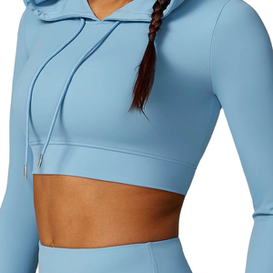 Light Blue Womens Crop Hoodie Long Sleeve Slim Fit Activewear Gym <b>Yoga</b> Top with Drawstring Hood Stretch Fabric - Product Image 1