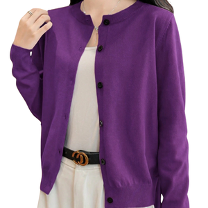 Women Purple High Stretch Knit <b>Cardigan</b> <b>Sweater</b> Long Sleeve Button Front Neck Casual Work Daily Wear Plain Simple Stylish New - Product Image 5
