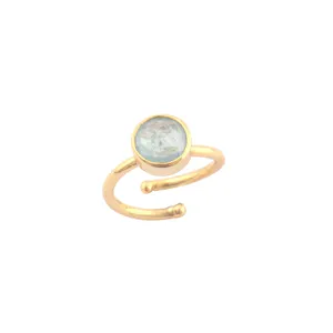Dainty round shape ring briolette cut natural aquamarine solitaire ring brass gold plated daily wear adjustable open band rings