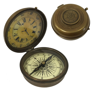 3" Antiqued Brass Compass and <b>Clock</b> With Hinged Husband Gifts, Couples Gift, Christmas Gifts - Product Image 1