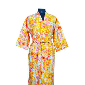 Kimono Hecho a Mano 100% Algodón para Mujer, Estampado Floral Indio, Cuello en V, Cierre con Cinturón, Manga Larga, Bata Suave y Transpirable - Product Image 3