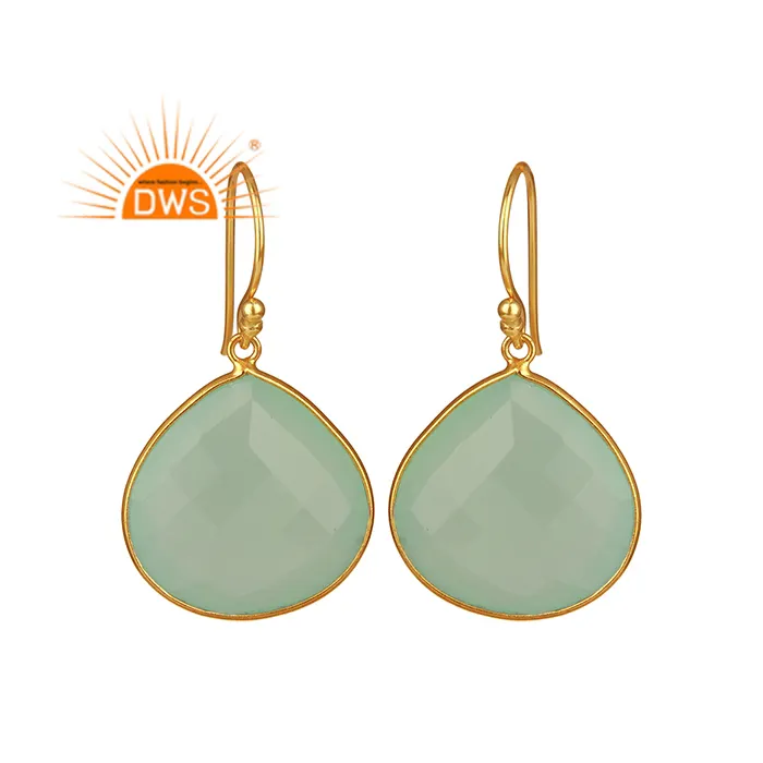 Latest Trending Sterling Silver 18K Gold Plated Natural Aqua Chalcedony Gemstone Dangle Earring Demi Fine Jewelry For Women Gif