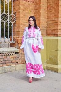 Vestido de fiesta de algodón de manga larga bordado, Rosa - Product Image 4