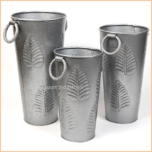 Galvanized Silver Tin Flower Planter & Pot with Handle <b>Set</b> of <b>3</b> Multi Sized Suitable for Party <b>Vase</b> Garden Planters - Product Image 2