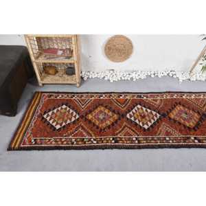 Turkish Herki Runner Rug 2.7x11.6 ft (81x354 cm), Vintage <b>Brown</b> Moroccan <b>Wool</b> Rug - Product Image 5