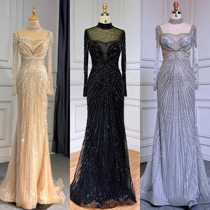 แชมเปญทองแขนยาว Gatsby ชุดแต่งงานนางเงือกมุสลิมชุดราตรีหรูหราพู่ลูกปัด Gowns วินเทจอย่างเป็นทางการ P