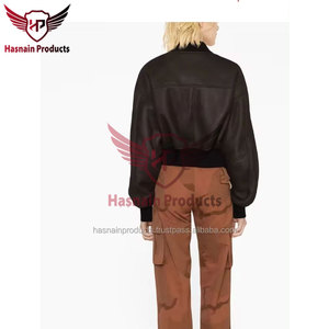 OEM Custom Women's <b>Black</b> Solid Bomber Leather <b>Jacket</b> High Quality Mandarin Collar Stylish Winter Breathable Silk Knitted Fabric - Product Image 4