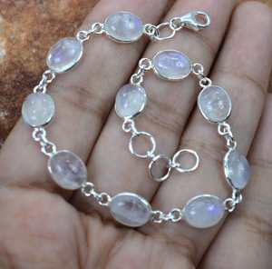 White Rainbow Moonstone 925 <b>Silver</b> 10 Stone Adjustable <b>Bracelet</b> Handmade Gemstone Jewelry Gift For Women - Product Image 4