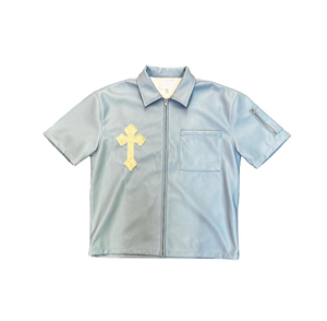 Chemises en cuir Boxy de qualité supérieure avec logo personnalisé OEM Chemises polo en cuir à écussons zippés surdimensionnés pour hommes - Product Image 4