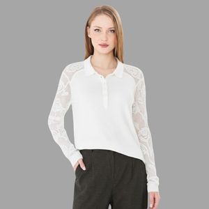 Elegante Blusa de Punto con Cuello Alto para Mujer - Blusa de Tricot Blanca con Patrón de Rosas y Encaje, Manga Larga, Estilo Chic - Product Image 1