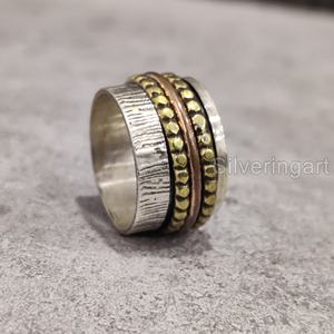 Large bande Spinner bague de méditation en argent sterling 925 bague de pouce pour femme Fidget bijoux faits à la main Fine anxiété bague Spinner pour hommes - Product Image 4