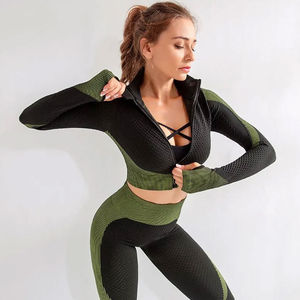 Ensemble de yoga avec leggings taille haute et haut de soutien-gorge, logo personnalisé, sans couture, ensemble de yoga de sport 2 pièces, lavé, uni, grande taille - Product Image 3