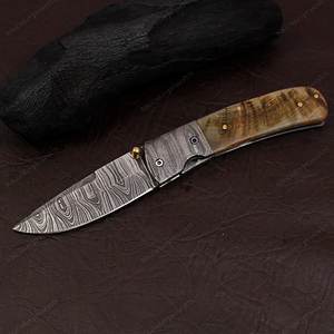 Venta al por mayor personalizado OEM ODM PRESTIGE BLADES hecho a mano de acero de Damasco de Punta caída de borde recto cuchillo de bolsillo plegable mango de madera - Product Image 2