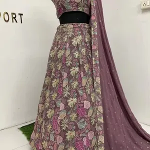 新设计师派对服装外观lehenga印花刺绣刺绣胎面作品