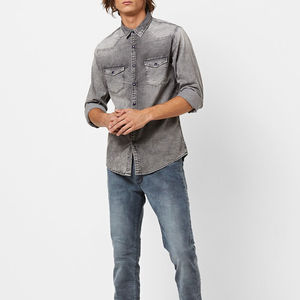 OEM/ODM Servicio de manga corta Henley Shirt Ropa casual High Street 230GSM Transpirable Hip Hop Hombres Vintage Denim Shirt - Product Image 4