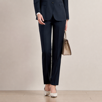 Pantalon de bureau pour femme, bleu marine, 100 % laine, lavable en machine, coupe droite, taille élastique, poches obliques, sur mesure
