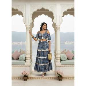 Womens Boho Two Piece Lehenga <b>Set</b> Blue Printed <b>Crop</b> <b>Top</b> Flared <b>Skirt</b> With Tassel Border Summer Resort Wear - Product Image 2