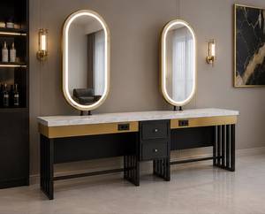 Mueble de Barbería Moderno en Madera Negra con Espejos Dobles Ovalados y Cajones de Almacenamiento, Mueble Comercial Contemporáneo - Product Image 1